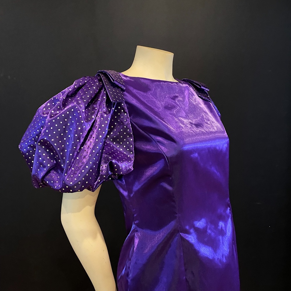 AMAZING Vintage Royal Purple Iridescent Statement Puff Sleeve Midi Dress - Picture 6 of 11